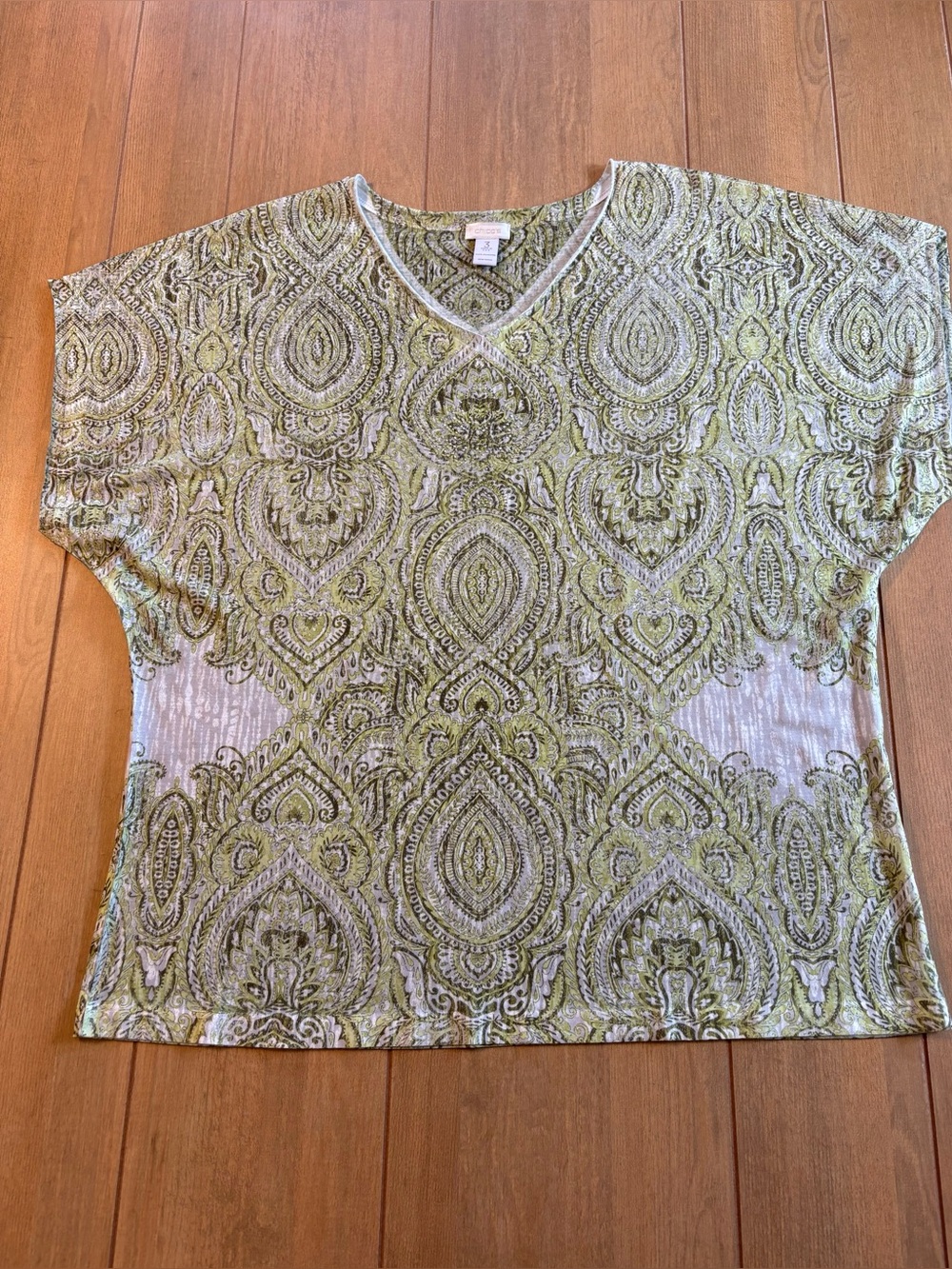 Chico's Paisley V-Neck Top Women 3 XL Green Rhinestone Embellished Boho Blouse - Picture 7 of 11